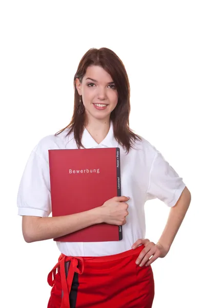 Młoda kelnerka z jej folder aplikacji — Zdjęcie stockowe