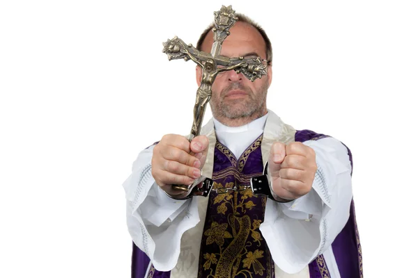 Catholic priest with handcuffs. abuse. — Stock Photo, Image