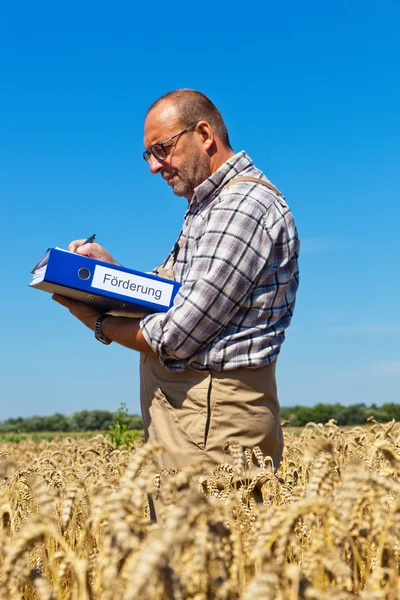 Фермер з портфелем "промоція" на зерновій коробці — стокове фото