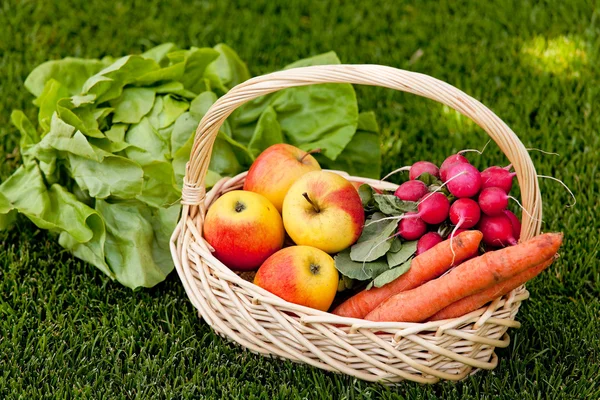 Frutas y verduras en la canasta con su esposa — Foto de Stock