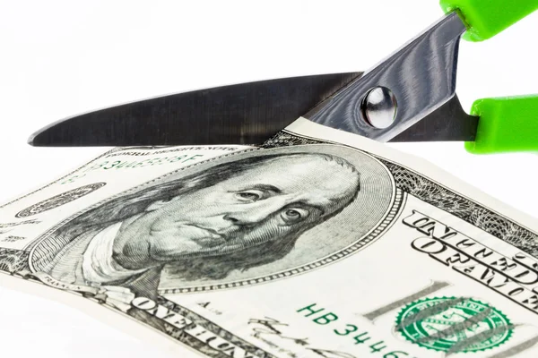 Dollar currency notes and scissors — Stock Photo, Image