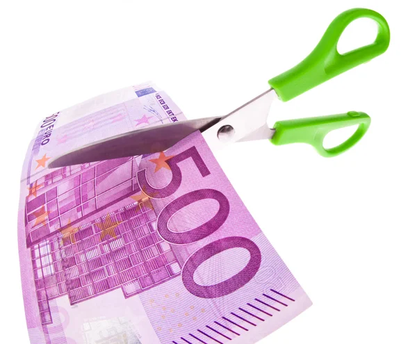 Banconote e forbici in euro — Foto Stock