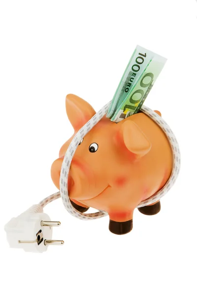 Banco Piggy com cabo de alimentação e plugue — Fotografia de Stock