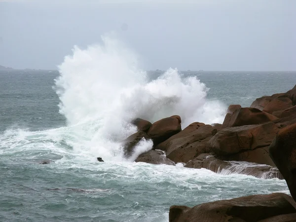 Морская порода разбивает мощную волну — стоковое фото