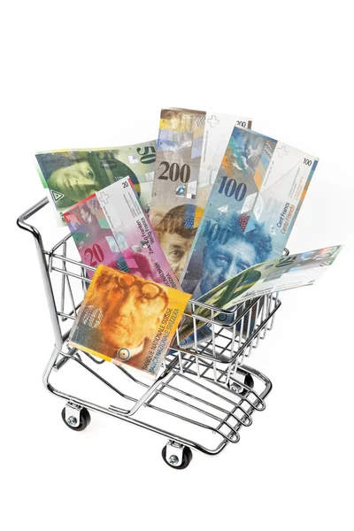 Svájci frank számlát bevásárló kosár — Stock Fotó