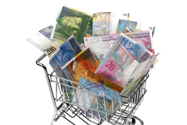 Swiss franc bill with shopping basket — Stock Photo, Image