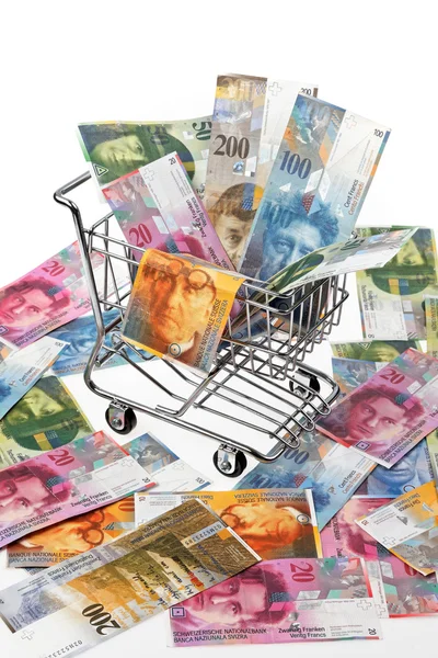 Ελβετικό Φράγκο νομοσχέδιο με καλάθι αγορών — Φωτογραφία Αρχείου