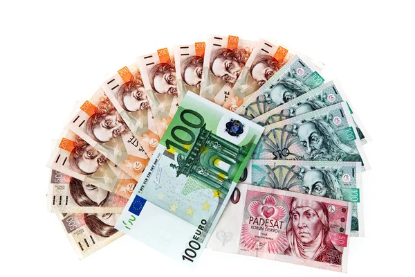 Euro-Banknoten und tschechische Kronen — Stockfoto