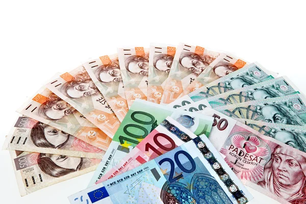 Eurobankbiljetten en Tsjechische kronen — Stockfoto
