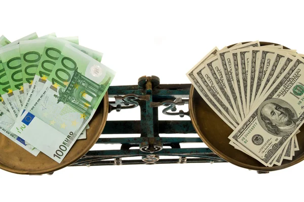 Dollar and euro on scales. differences in currenci — Stock Photo, Image