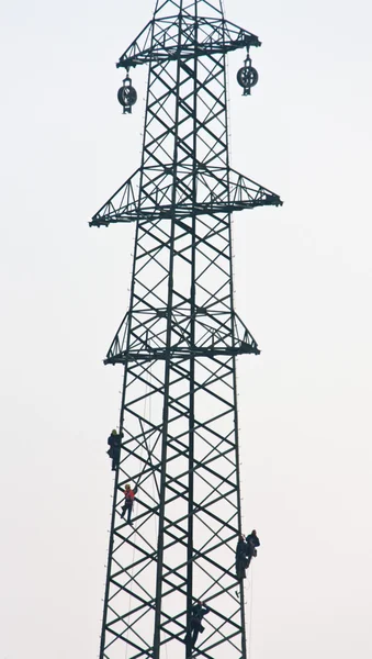 工人在电线杆上的电源线 — 图库照片