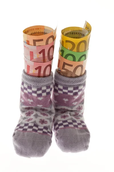 stock image Children's socks with euro banknotes
