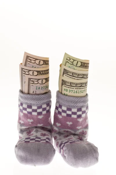 Calcetines para niños con billetes de dólar — Foto de Stock