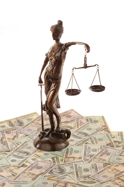 Gerechtigkeit und Dollar. Symbol für Prozesskosten. — Stockfoto