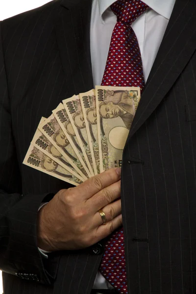 Manager with japanese yen bank notes — Stock Photo, Image