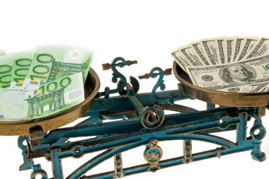 Dollar and euro on scales. differences in currenci clipart