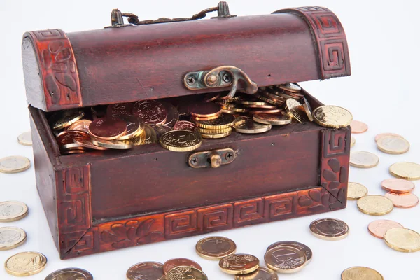 Treasure chest with coins € — Stock Photo, Image
