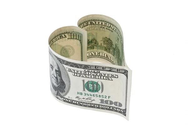 U.s. dollars banknote in heart shape — Stock Photo, Image