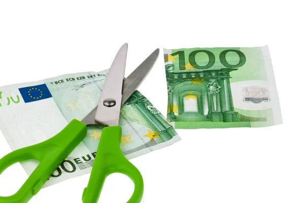 Eurobankovky a nůžky — Stock fotografie