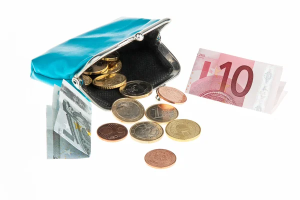 Handväska med sedlar och mynt i euro — Stockfoto