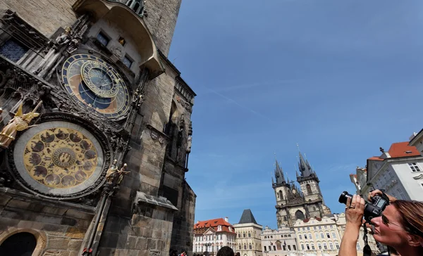 Prague astronomical clock and the church of the virgin ma — Zdjęcie stockowe