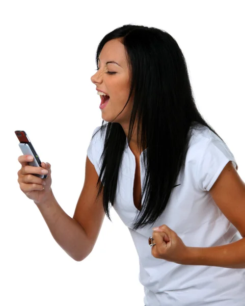 Mujer joven se divierte con el mensaje SMS —  Fotos de Stock