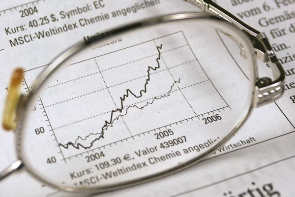 Close up of stock market chart, glasses — Stock Photo, Image