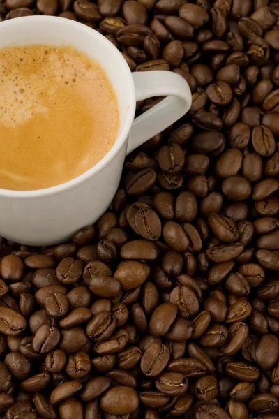 Um espresso cremoso em uma cama de grãos de café — Fotografia de Stock