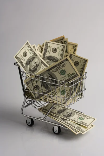 Cesta de compras con billetes de dólar — Foto de Stock