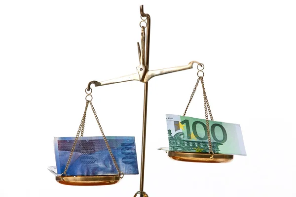 Euro and swiss frankn on scales — Stock Photo, Image