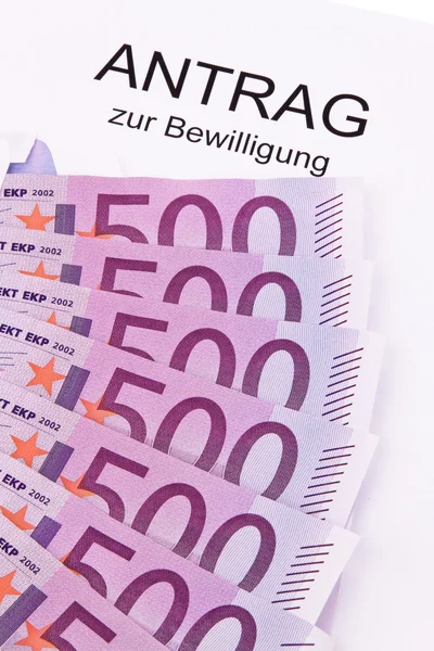 Notas e aplicação em euros — Fotografia de Stock