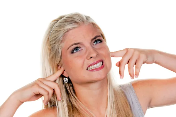 Woman suffers from noise pollution, keeps the o — Stock Photo, Image