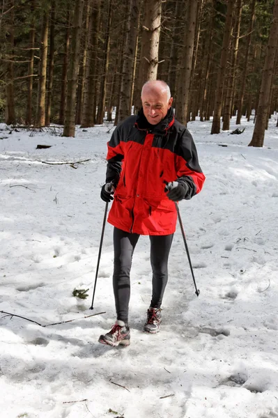 Старший тренінг для фітнес пішохідного скандинавського — стокове фото
