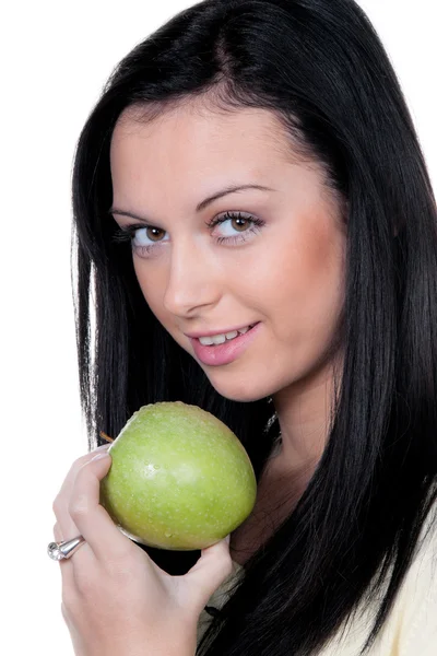 Женщина с яблоком, фруктами и витаминами в диете — стоковое фото