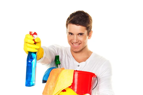 Homme avec des agents nettoyants — Photo