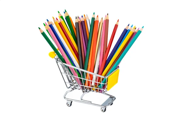 Lápis de cor no carrinho de compras — Fotografia de Stock