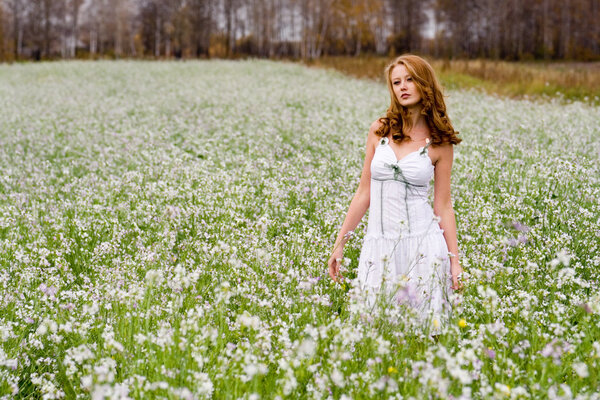 The girl, autumn, white flowers, rape, young, beautiful, long blonde hair, joy, field, white dress
