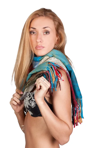 Sensual fashion model with a colorful scarf — Stock Photo, Image