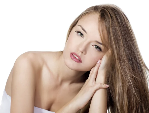 Modelo de mujer sensual con cabello rubio largo y recto sobre blanco —  Fotos de Stock