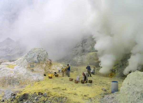 stock image Unidentified miners harvests raw sulphur from the crater of Kawah Ijen