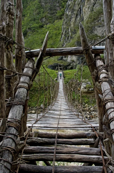 stock image Male hiker crossing wooden fragile footbridge