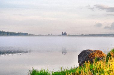 Foggy morning on the river clipart