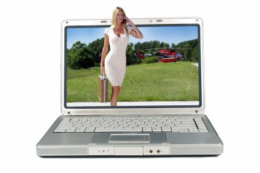 Businesswoman on Laptop Screen in Front of a Helicopter clipart