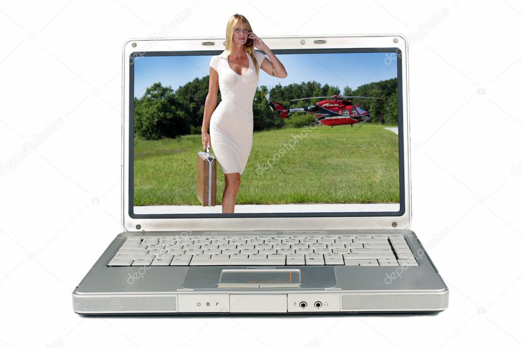 Businesswoman on Laptop Screen in Front of a Helicopter