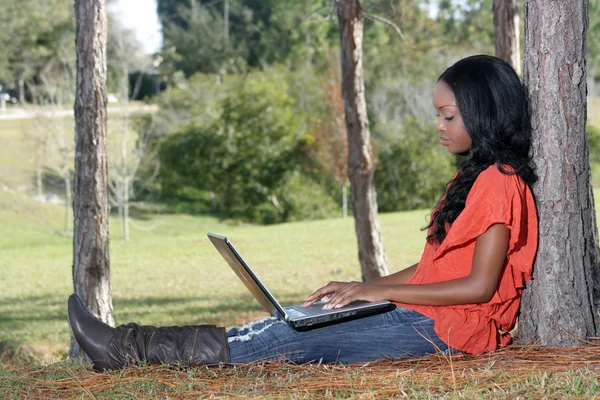 Hermosa mujer casual al aire libre con ordenador portátil (1 ) — Foto de Stock
