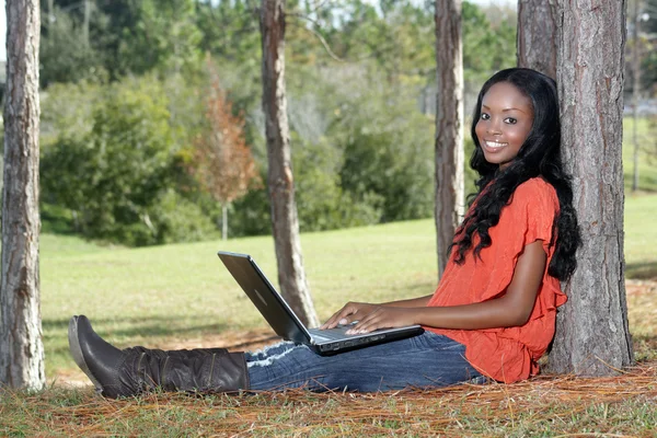 Güzel rahat bir kadınla açık havada Laptop (2) — Stok fotoğraf
