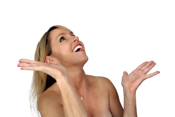 Bella bionda ridendo con le mani alzate (1 ) — Foto Stock