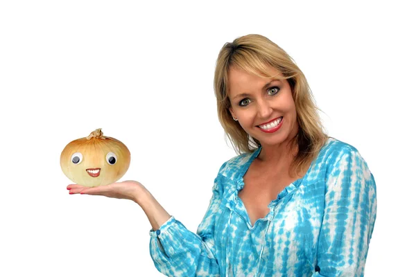 stock image Beautiful Blonde Holding an Anthropomorphic Onion