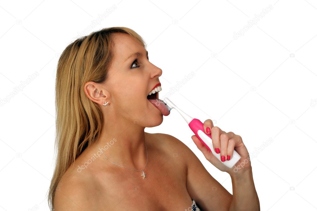 Beautiful Blonde Brushing Her Tongue