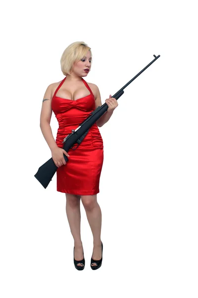 Vacker blondin med gamla ryska militära gevär (4) — Stockfoto